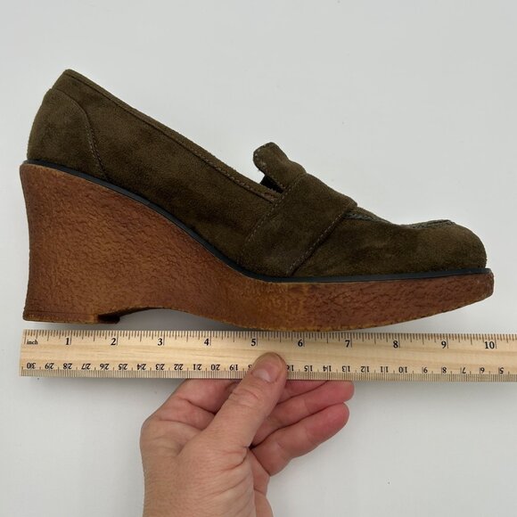LOWER EAST SIDE VTG Olive Green Suede Wedge Platform Buckle Retro Style Size 9 - Picture 13 of 13